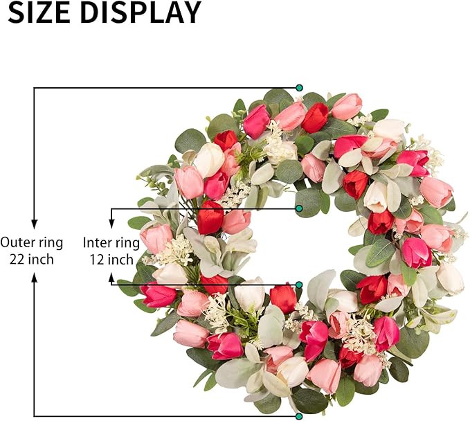22 Inch Valentine‘s Day Wreath - Tulip Wreath for Front Door, Artificial Tulip Flower Wreaths with Green Leaves, Spring Summer Holiday Front Door Decor, Welcome Wall Hanging