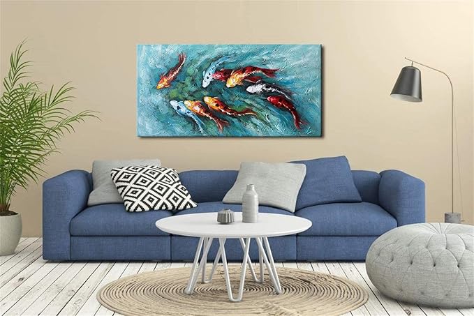 zoinart Oil Painting on Canvas Vertical Wall Art 24x48 Inches 3D Nine Fishes Modern Style Abstract Wall Paintings Hand-Painted Fish Artwork Home Decorations Ready to Hang