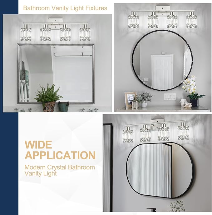 Crystal Modern Bathroom Light Fixtures, 4-Light Brushed Nickel Bathroom Vanity Wall Light, Vanity Lights for Mirror, Restroom, Bedroom (E26 Socket, Bulbs Not Included)