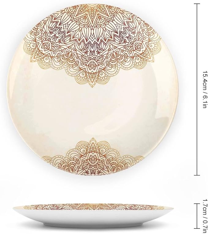 XISUNYA 6 Inch Decorative Plate, Victorian Round Porcelain, Artistic Oriental Vintage Henna Style Mandala Print Ceramic Wall Hanging for Home & Office Wall Hanging Decor, Beige
