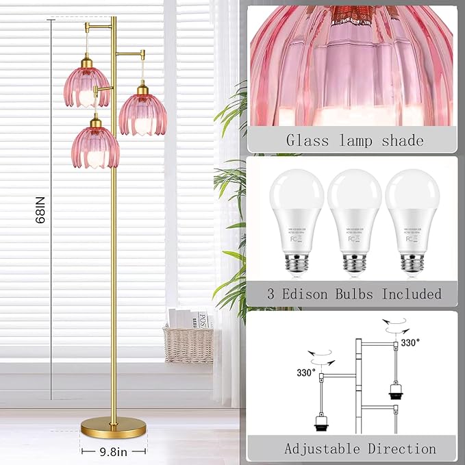 Gold Floor Lamp for Living Room Bedroom,3 Lights Vintage Tree Floor Lamps with Pink Glass Flower Shade,Mid Century Modern Floor Lamp for Corner Office,68IN Unique Tall Standing Lamp with Bulb