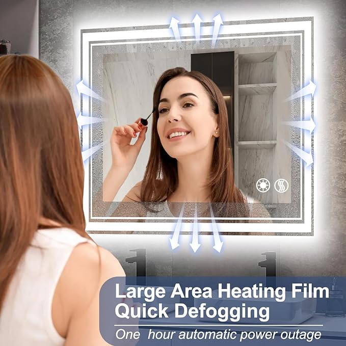 26“ x 26” LED Mirror for Bathroom Front and Backlit Anti-Fog Dimmable 3 Colors LED Bathroom Mirror with Lights Memory Function Smart Mirror Touch Sensor Square Wall Mounted