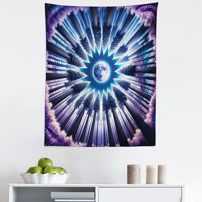Ambesonne Trippy Tapestry, Indigo Tones Outer Space Featuring Moon with Psychedelic Abstract Woods, Fabric Wall Hanging Decor for Bedroom Living Room Dorm, 23" X 28", Pale Fuchsia Sea Blue
