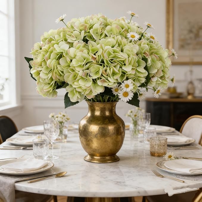 Kimura's Cabin 6pcs Green Silk Hydrangea Artificial Flowers Fake Hydrangeas with Stems Faux Hydrangea Bouquets for Wedding Arrangements Home Party Table Decoration (Lime Green)