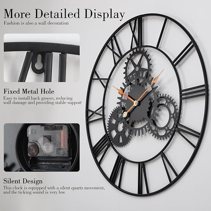 Steampunk Wall Clock 24 Inch, Industrial Metal Gears with Roman Numerals, Retro Distressed Finish Mechanical Art for Bar, Living Room, Cafe Decor