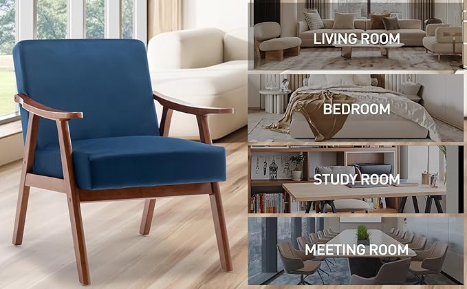 KEIKI Mid-Century Modern Accent Chair with Solid Wood Frame, Upholstered Lounge Chair with Extra-Thick Backrest for Living Room Bedroom Reading Nook