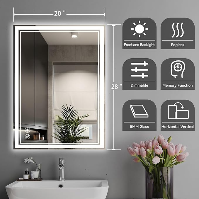 20“ x 28” LED Mirror for Bathroom LED Bathroom Mirror Anti-Fog Dimmable 3 Colors Bathroom Mirror with Lights Smart Mirror Memory Wall Mounted