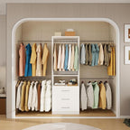 Closet System, 4FT-8FT-9FT Closet Organizer With Drawers Wooden, Walk in Closet System with 5pcs Hanging Rods and Shelves Storage, Closet Built in System Wardrobe Organizer, White