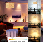 Floor Lamp for Living Room Bedroom Farmhouse Arc Rattan Boho Standing Lamp with Remote Dimmable Black Wicker Bamboo Lamp Shade Floor Light Adjustable Tall Lamp Industrial Floor Lamps Bohemian