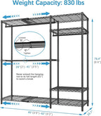 VIPEK X20 Plus Expandable Reach-in Closet Rack Adjustable from 3'9" to 5'2" Clothing Rack with Extendable Shelves and Hanger Rods Portable Clothes Racks Open Walk-in Closet System, Black