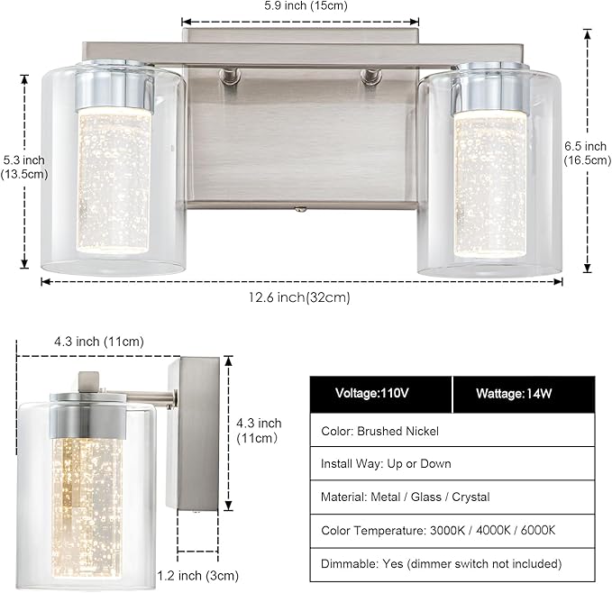 SineRise 2-Light Brushed Nickel Vanity Light with 3 Color Modes (3000K/4000K/6000K), Eye Protection LED Bathroom Light Fixture, Dimmable Modern Wall Light Over Mirror with Clear Glass Shade
