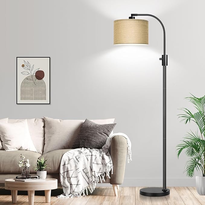【Upgraded】 Dimmable Matte Black Floor Lamp, 1201 Lumens LED Bulb Included, Arc Floor Lamps for Living Room Modern Standing Lamp with Champagne Linen Shade, Tall Lamp for Living Room Bedroom Office