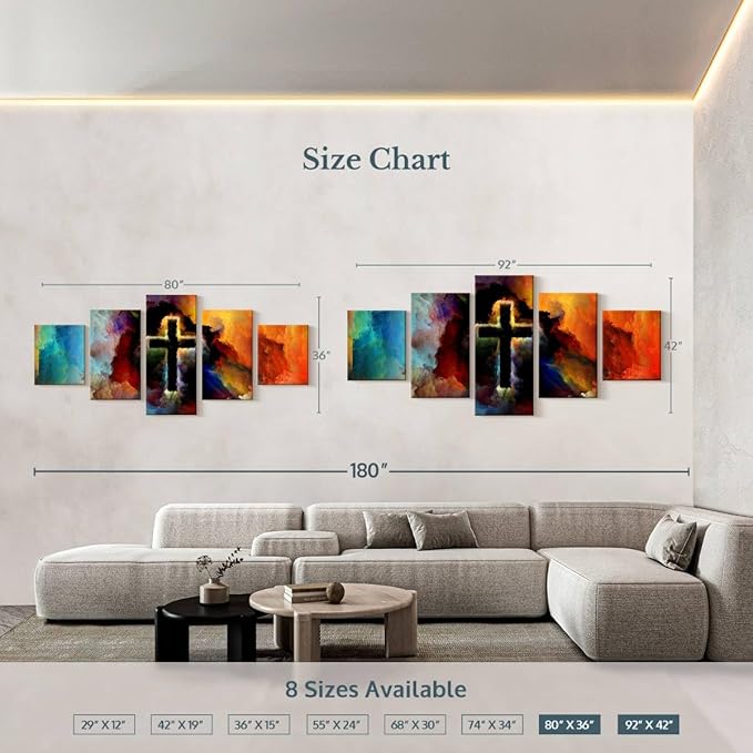 Elephant Stock Colorful Cross Wall Art Multi Piece Canvas - 5 Panel Christian Pictures Decor - Digital Design Canvas Print - Christian Wall Decor - 92" X 42"