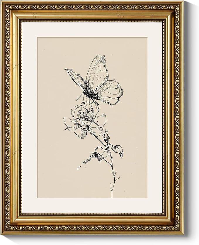 ARPEOTCY 11x14 Inch Framed Butterfly and Flower Line Art Wall Deco, Vintage Botanical Sketch Canvas Print with Gold Frame, Minimalist Black and White Wall Art for Bedroom Living Room Offic
