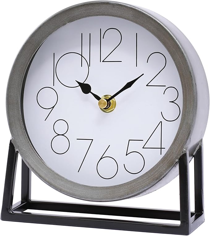 Modern Silvery Table Clock on Stand – Decorative Desk & Shelf Mantel, Farmhouse Non-Ticking, Home Décor for Living Room, Bedroom, Bedside, Office – Elegant Gift (Silvery)