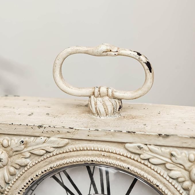 NIKKY HOME Small Table Clock with Handle, Silent Non-Ticking Shelf Desk Top Clock Battery Operated Vintage Rustic Design, Chic Home Decor for Fireplace Mantel, Desktop, Countertop, Distressed White