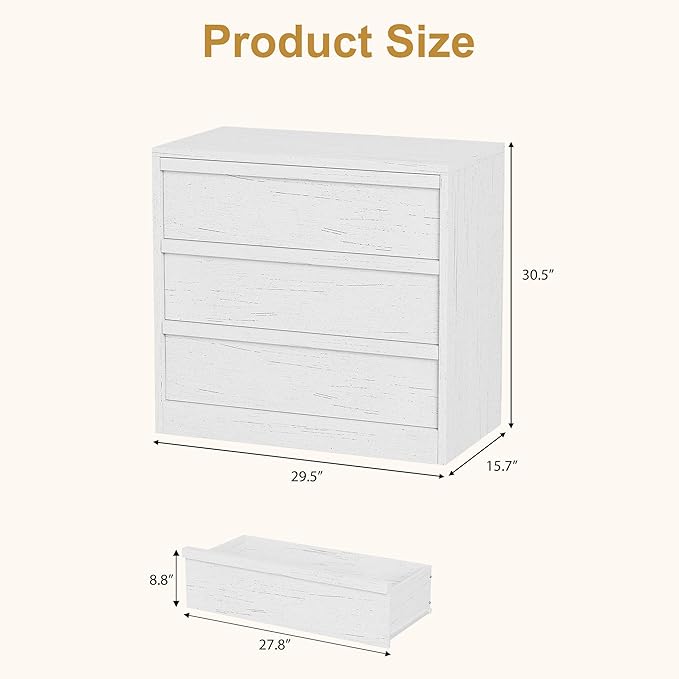 GarveeHome 3 Drawer Dresser for Bedroom, White Nightstand 3 Chest of Drawers with Large Storage, Small Modern Bedside End Table for Living Room, Nursery, Entryway