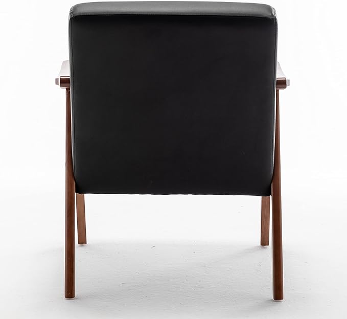 Accent Chair with Microfiber Upholstery and Solid Wood Frame, Classic Mid-Century Modern Living Room Furniture for Extra Seating, Black PU/PVC