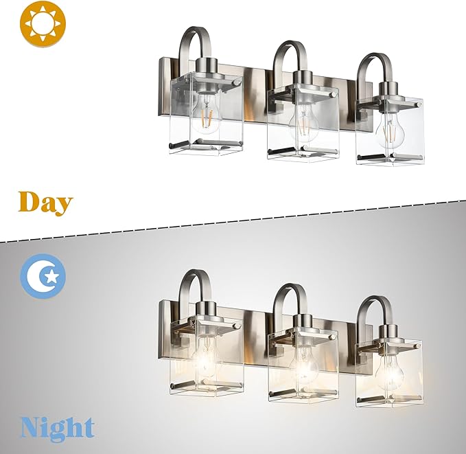 3-Light Bathroom Vanity Light Fixtures, Modern Vanity Lights with Clear Glass Shade Wall Light Brushed Nickel Wall Sconce Lighting for Living Room, Bedroom Kitchen Farmhouse