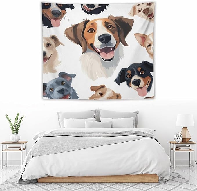 VUMIVI Cartoon Dog Tapestry Black & White Pet Dog Heads Cute Illustration Modern Creative Design Tapestry Wall Hanging for Living Room Bedroom Dorm Classroom Aesthetic Decor W60xL50in