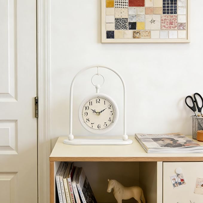 Vintage Small Table Clock, Farmhouse Table Clock, Silent Non-Ticking Battery Operated Desk and Shelf Clocks for Living Room Bedroom Kitchen Home Decor-Cream