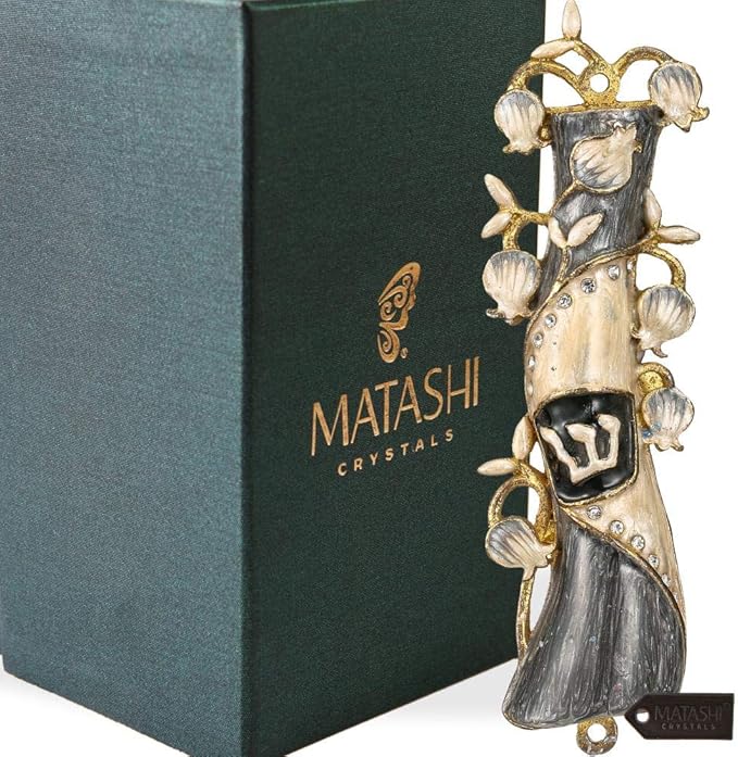 Matashi Hand Painted Mezuzah Gold Plated and Crystals (Grey & White Enamel)