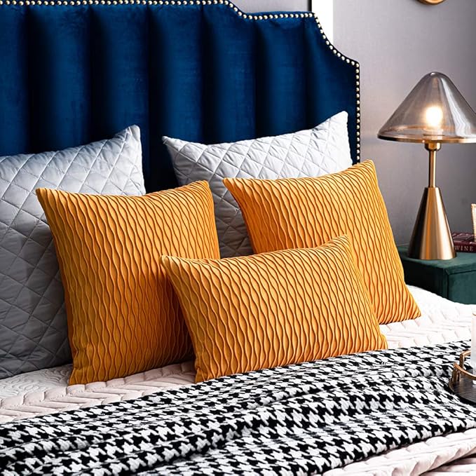 Fall Golden Yellow Couch Pillow Covers: 2 Pack 12x20 Inch Original Striped Polyester Rectangular Throw Pillow Cases for Farmhouse Home Decor