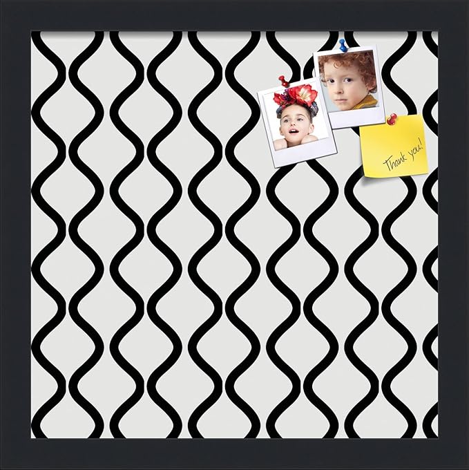 PinPix 13x13 Inch Cork Bulletin Board. This Decorative Framed Pin Board Comes with Black and White Waves Design and a Satin Black Frame. Ideal for Home Office Decor or Message Board (PinPix-194)