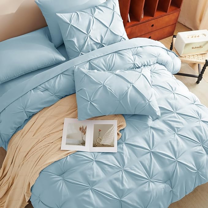 CozyLux King Size Comforter Set Light Blue, 7 Pieces Pintuck Bed in A Bag Blue Comforter King Size, Pinch Pleat Bedding Set with All Season Comforter, Sheets, Pillowcases & Shams
