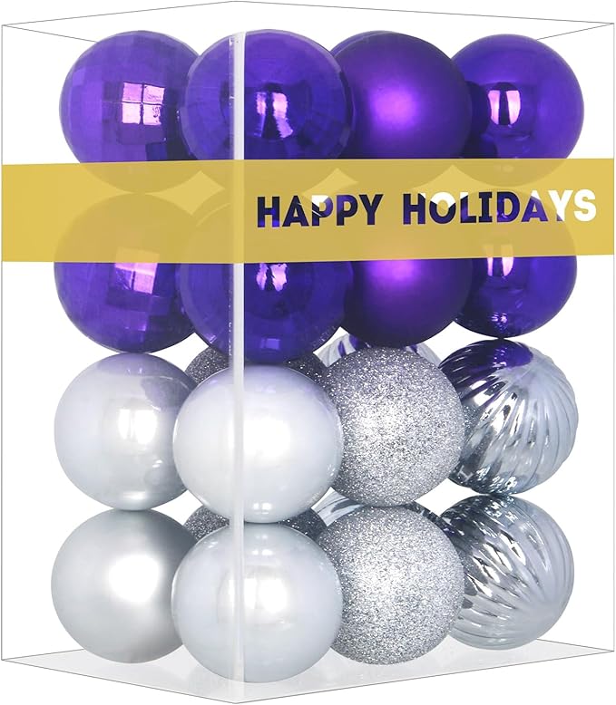 Purple & Silver 2.5" Christmas Balls Christmas Tree Decoration Ornaments Shatterproof Hanging Balls for Birthday Halloween Holiday Wedding Decorations Set of 24pcs