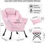 Lazy Chair with Ottoman, Modern Accent Chair with Lumbar Pillow, Pink Sofa, Lounge Chairs with Folding Footrest, Oversized Supportive Chairs for Bedroom, Reading