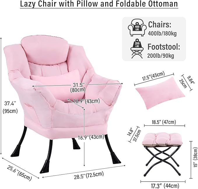 Lazy Chair with Ottoman, Modern Accent Chair with Lumbar Pillow, Pink Sofa, Lounge Chairs with Folding Footrest, Oversized Supportive Chairs for Bedroom, Reading