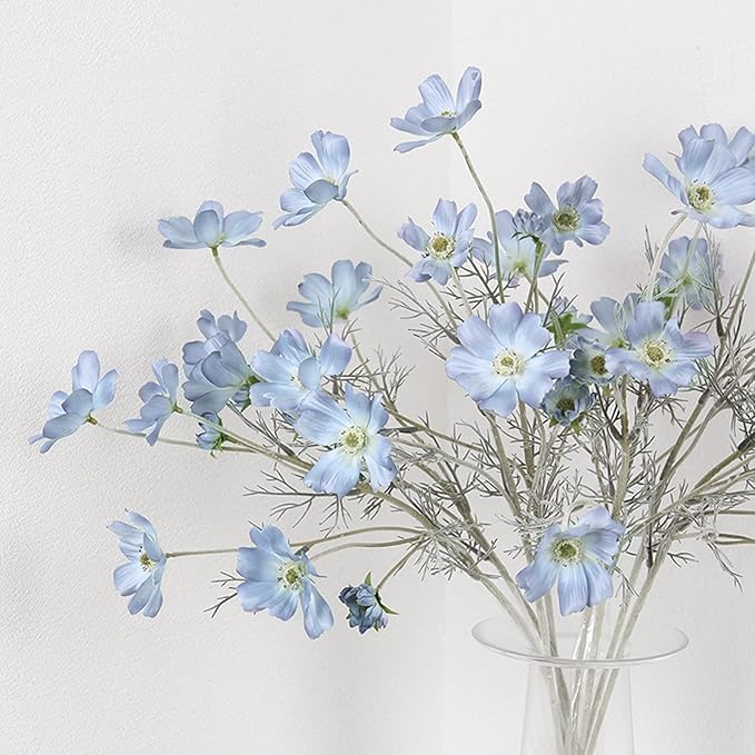 2 Pcs Artificial Fake Flowers Plants Cosmos Silk Flower Arrangements Wedding Bouquets Decorations Plastic Floral Table Centerpieces for Home Kitchen Garden Party Decor Approx 23.6'' High - Light Blue
