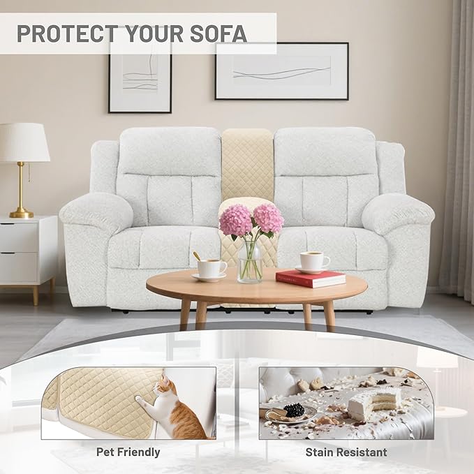 Reclining Sectional Couch Covers Velvet L Shape Recliner Sofa Middle Console Cover for Dogs Pets Washable Anti Slip 1 Additional Recliner Center Console Slipcovers (1 Console, Beige)