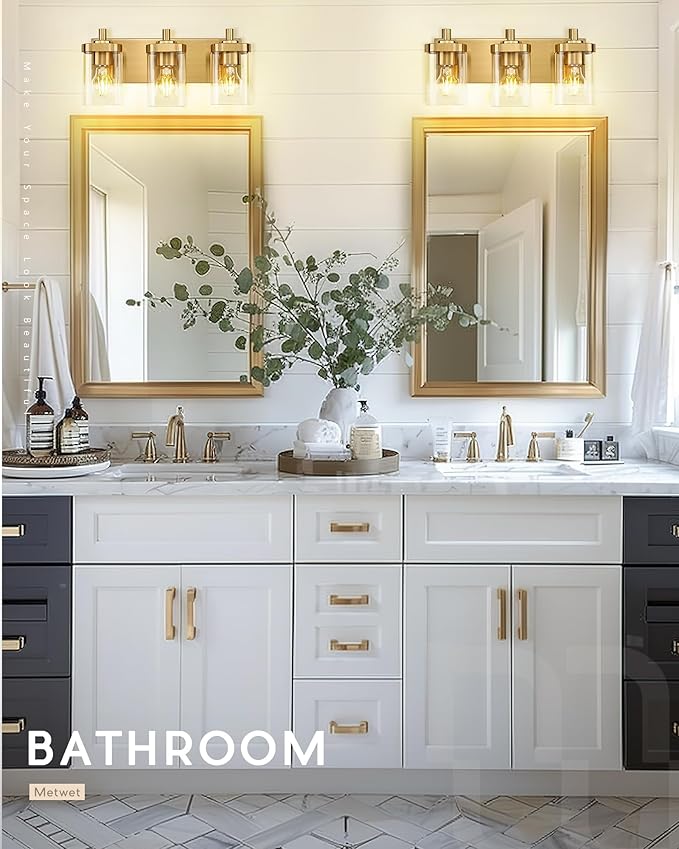Bathroom Light Fixtures Over Mirror, 3-Light Brushed Gold Vanity Light with Square Clear Glass Shade, Modern Wall Sconces, Vanity Lighting Fixtures, VL194-BG-3