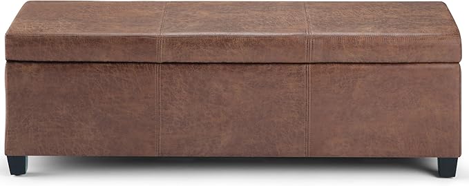 SIMPLIHOME Avalon Storage Ottoman Bench - 48 inch Wide Upholstered Vegan Leather Rectangular Lift-Top Ottoman in Distressed Umber Brown, Contemporary Bench for Living Room with High-Density Foam