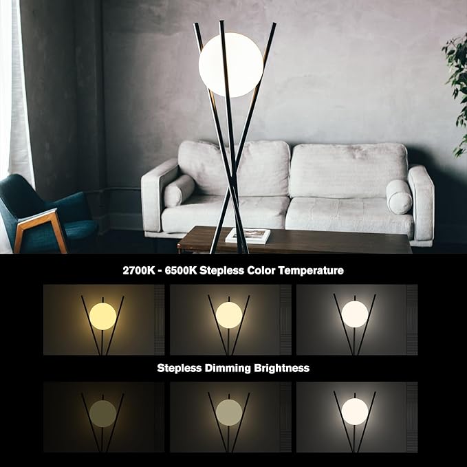 Ozarke Solstice Modern Frosted Glass Globe Floor Lamp (165cm) Contemporary LED Dimmable Lighting for Bedroom, Living Room, Hotel & Home Office (Black)