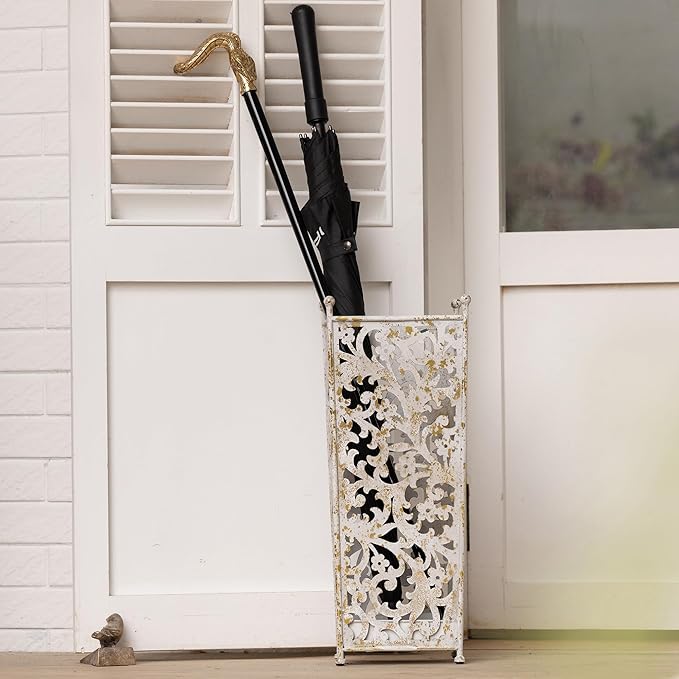 Vintage Metal Umbrella Holder Decorative Flower Design Square Umbrella Stands Entryway Organizer Bucket for Home/Office/Farmhouse - Holds Multiple Umbrellas, Walking Sticks & Canes (White)