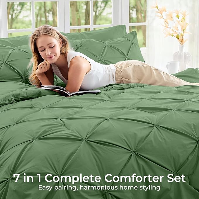 Sasttie California King Comforter Set, 7-Piece Bed in a Bag, Pintuck Bedding Sets for All Season, Includes Comforter, Flat Sheet, Fitted Sheet, Pillowcases and Pillowshams, Green
