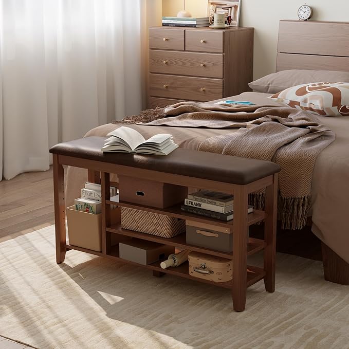 Solid Rubberwood Shoe Bench with Cushion, 3-Tier Entryway Bench with 14.6" Tall Boot Storage, Adjustable Shelves Shoe Rack Bench Used for Mudroom, Bedroom, Hallway, Walnut Finish (39.4" W)