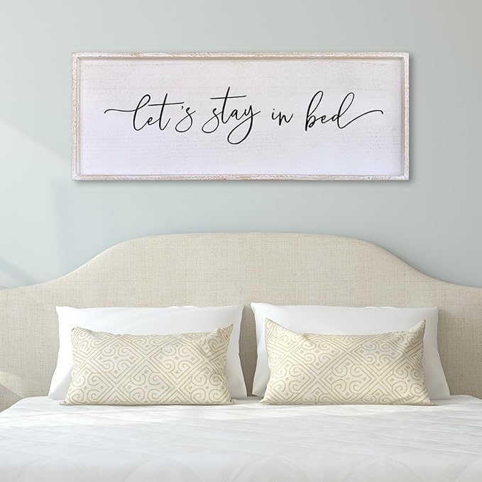 Surfapans Lets Stay In Bed Wall Decor 40”X15” Large Farmhouse Master Room Above Over Bed Rustic Guest Room Sign Beautiful And Simple Plaque Hanging Wall Art Decoration (White)