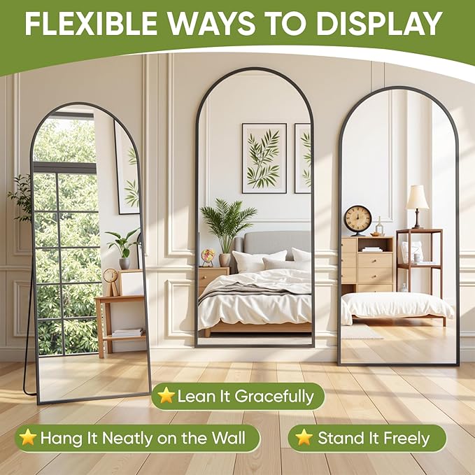 Full-Length Floor Mirror with Stand, 76"x44" Arched Style Full Body Standing Mirror for Bedroom, Living Room, Gym, Dorm - Shatter-Resistant & Easy Assembly, Black