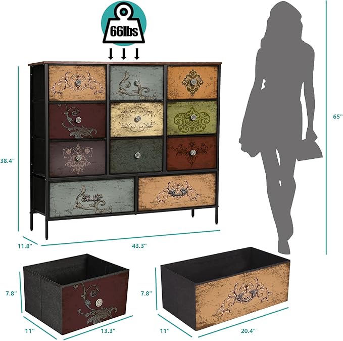 Chest of Drawers for Bedroom with 11 Deep Drawers, Tall Fabric Dresser, Wide TV Stand, Storage Organizer for Closet, Nursery, Kid's Bedroom