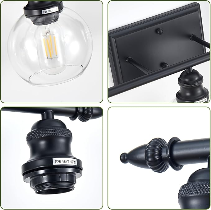 3-Light Bathroom Light Fixtures Matte Black Vanity Light Over Mirror Modern Vanity Lighting with Clear Glass Globe Vintage Wall Sconce for Kitchen Living Room Hallway Bedroom