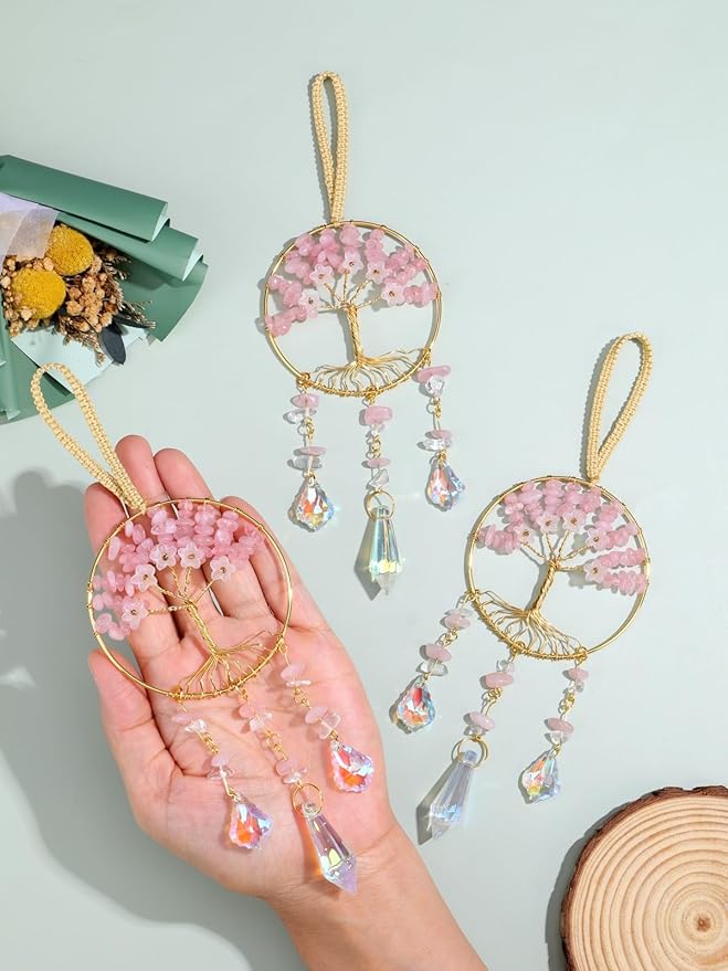 CrystalTears Rose Quartz Crystal Tree Life Hanging Ornament for Wall Window Home Room Decor, Pink Feng Shui Healing Crystals Gemstone Glass Suncatcher Car Ornament, Crystal Gifts for Women Christmas