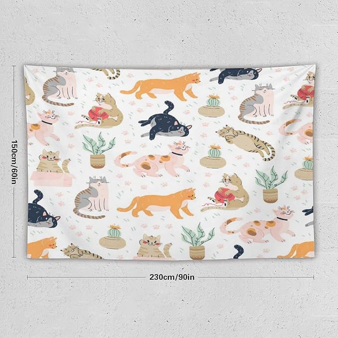 VUMIVI Cute Cat Tapestry Kids Hand-Painted Doodles Colorful Illustrations Potted Plants Paw Prints Tapestry Wall Hanging for Living Room Bedroom Dorm Classroom Aesthetic Decor W90xL60in