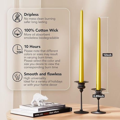 12-Inch Tall Dripless Taper Candles Set of 4 - Gold Tapered Candles, Perfect for Wedding,Christmas - Smokeless, Unscented, Long Burning - Hand Poured, Colored Tall Candlesticks - doradas