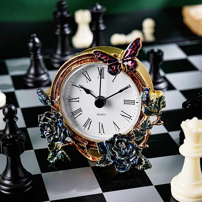Mini Tabletop Clock, Decorative Vintage Floral Metal Table Clock with Battery Operated for Bedside, Table, Living Room, Home and Office
