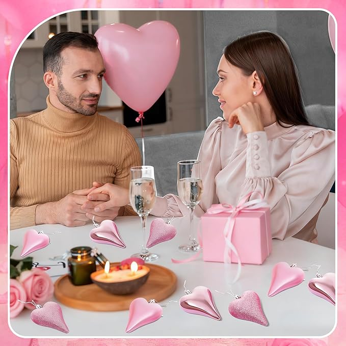 18 Pcs Valentines Tree Heart Ornaments Pink Valentines Tree Decorations, 3 Style 3.2" Valentine Hanging Ornaments for Christmas Tree Anniversary Party Decoration
