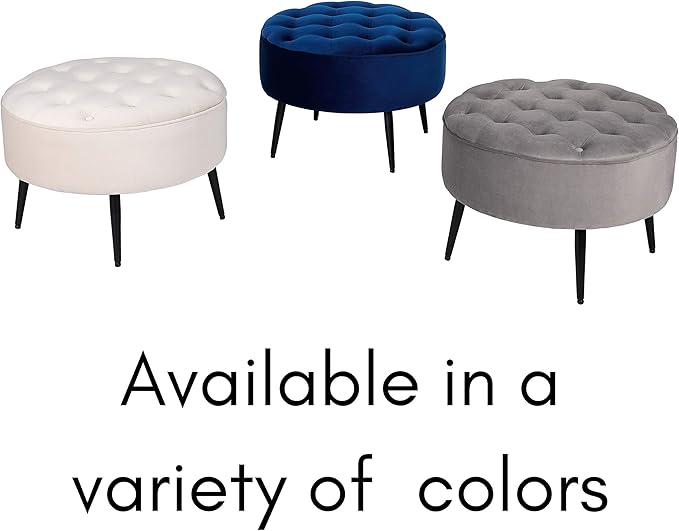 BIRDROCK HOME Tufted Round Ottoman - Velvet Footrest with Cushion and Mid-Century Modern Steel Legs - Ideal for Living Room, Bedroom, or Office Seating - Soft, Compact Decorative Footstool - Navy